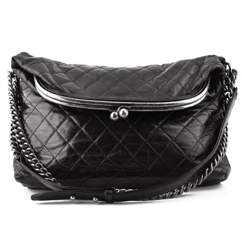 Chanel Glazed Black Calfskin Folding Leather & Chain Bag