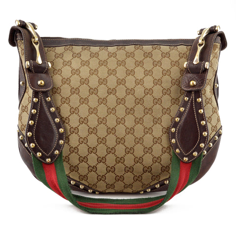Gucci Studded Canvas and Leather Signature Stripes Hobo Bag