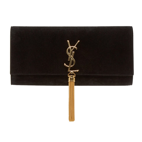 Saint Laurent Black Suede YSL Tassel Clutch