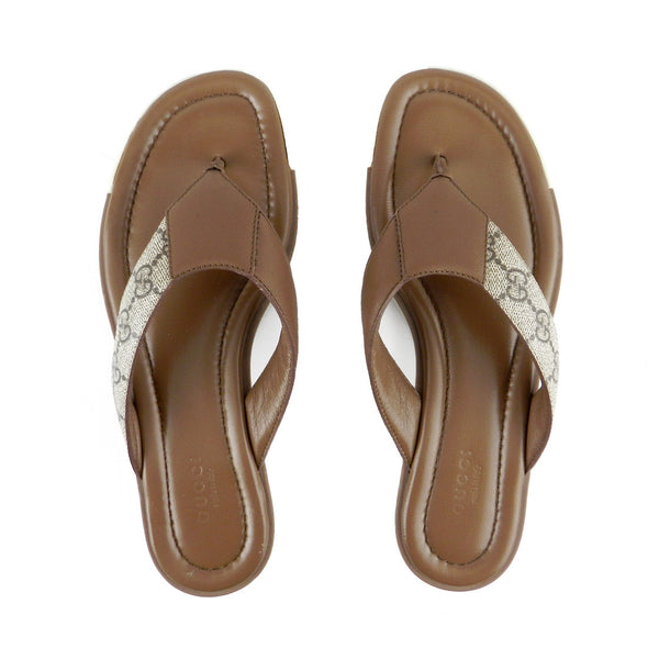 Gucci Taupe Leather & Monogram Flip Flops sz 38