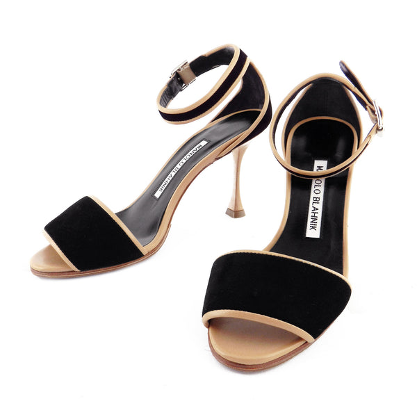 Manolo Blahnik Nude Leather & Black Suede Sandals sz 35