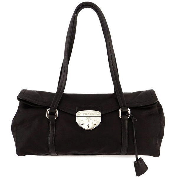 Prada Black Leather and Tussuto Push-Lock Shoulder Bag #2