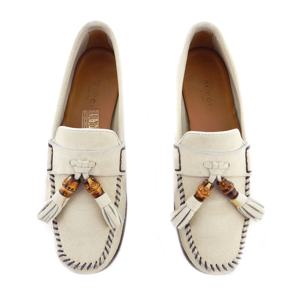 Gucci Bamboo Tassel Beige Suede Moccasins sz 6
