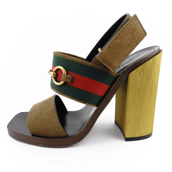 Gucci Block Heel Striped Suede Horsebit Sandals sz 37 / 7