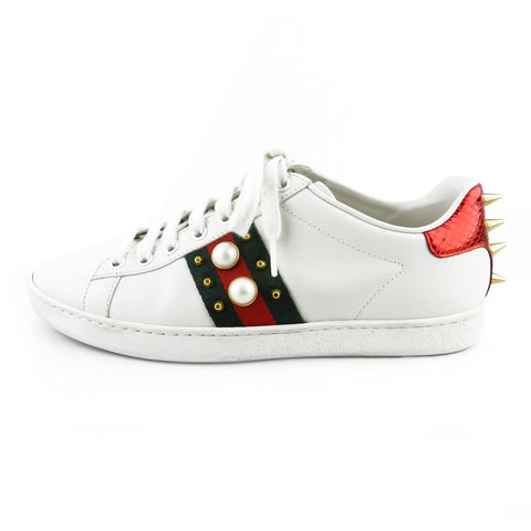 Gucci Ace Embellished Striped White Leather Sneakers sz 37 / 7