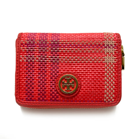 Tory Burch Woven Coral Compact Zip Wallet