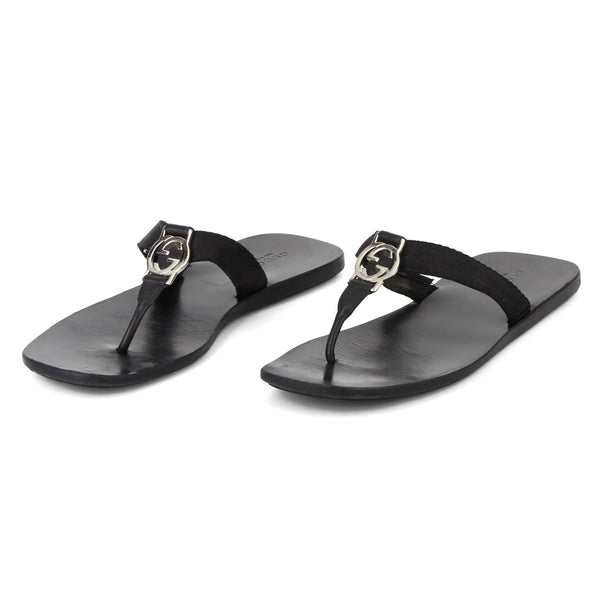 Gucci Silver GG Black Thong Sandals sz 38
