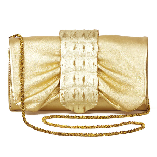 Roberto Cavalli Gold Leather Croc Chain Purse & Clutch