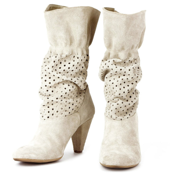 Custom Italian Slouchy Perforated Ivory Suede Boots sz 7