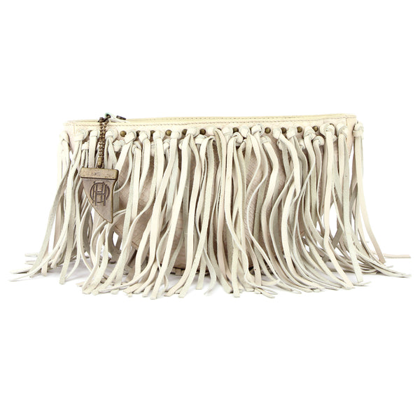 House of Harlowe Ivory Fringe Leather Clutch