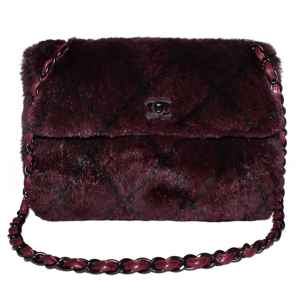 Chanel Vintage Single Flap Burgundy Plum Fur Chain Purse