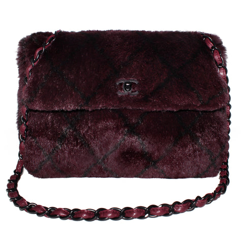 Chanel Vintage Single Flap Burgundy Plum Fur Chain Purse