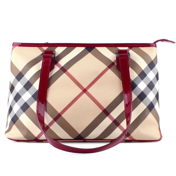 Burberry Novacheck Raspberry Patent Trim Zip Tote