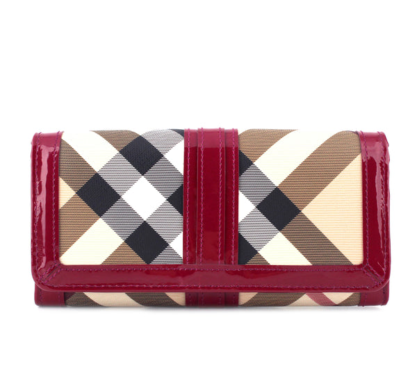 Burberry Novacheck Raspberry Patent Trim Continental Fold Wallet