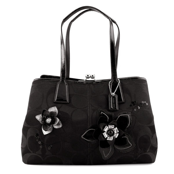 Coach Kisslock Black Signature Canvas & Patent Leather Flower Tote