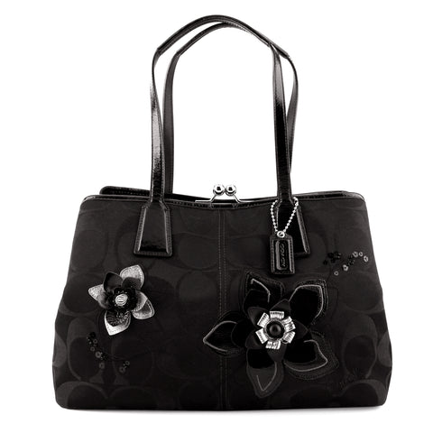 Coach Kisslock Black Signature Canvas & Patent Leather Flower Tote