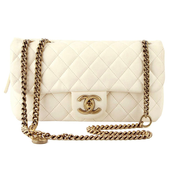 Chanel Ivory Beige Single Flap Brass Medallion Chain Purse