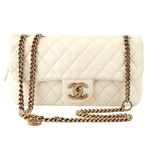 Chanel Ivory Beige Single Flap Brass Medallion Chain Purse