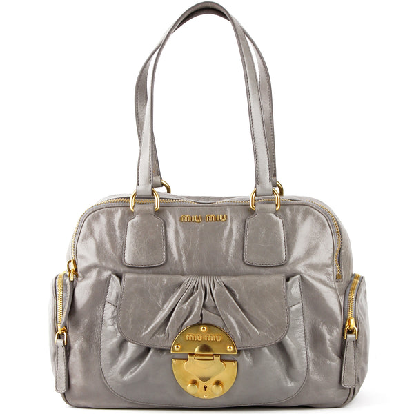 Miu Miu Light-Grey Glazed Leather Bautello Shoulder Bag