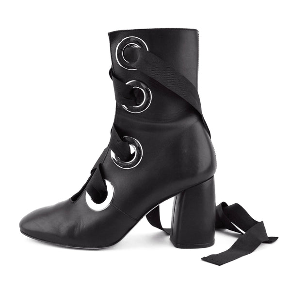Miista London Black Leather Ribbon Lace-Up Boots sz 38