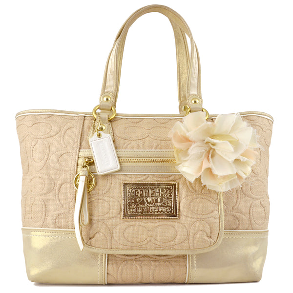 Coach Natural Signature Canvas & Metallic Gold Poppy Tote