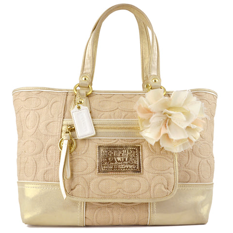 Coach Natural Signature Canvas & Metallic Gold Poppy Tote