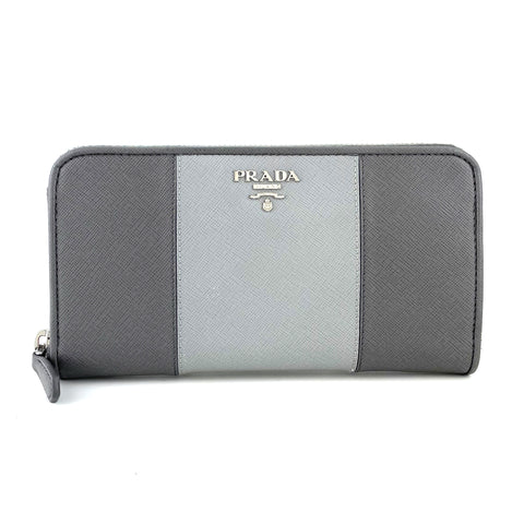Prada Grey Saffiano Lux Metal Logo Zip Around Wallet