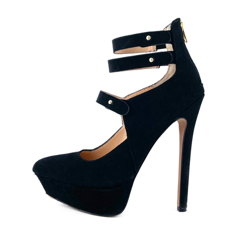 Betsey Johnson Black Suede Platform Ankle Strap Pumps Sz 6 / 36.5
