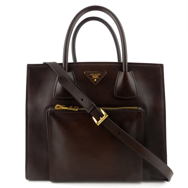 Prada Soft Calf Brown Two-Way Shopping Tote & Crossbody