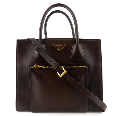 Prada Soft Calf Brown Two-Way Shopping Tote & Crossbody